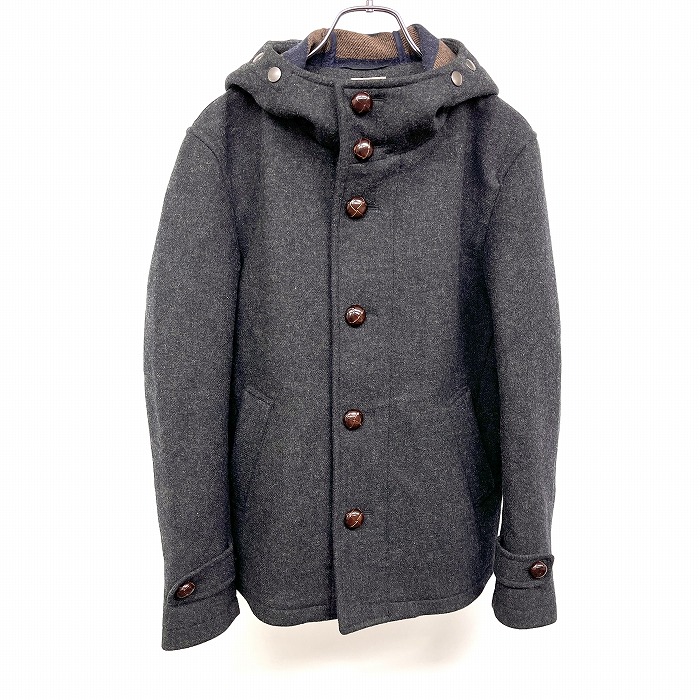 【中古】[印象AB] GREEN LABEL RELAXING UNITED ARROWS メルトンフーデッドコート レディース S メランジ チャコールグレー系 袖のみ裏地付き レザー系のくるみボタン留め ハイネックフード 内側ボーダー 長袖｜Undo Rowa 店