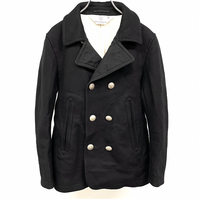 【中古】BEAUTY＆YOUTH UNITED ARROWS - S レディース(メンズ？) メルトン ピーコート 無地 長袖 毛100%(袖裏：キュプラ100%/胴裏：綿100%) 黒
