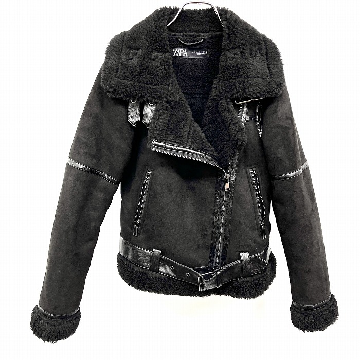 【新品タグ付き】ZARA フェイクファー ライダース　ムートンジャケット　黒　S 楽天市場】ZARA ザラ フェイクムートン ライダースジャケット M
