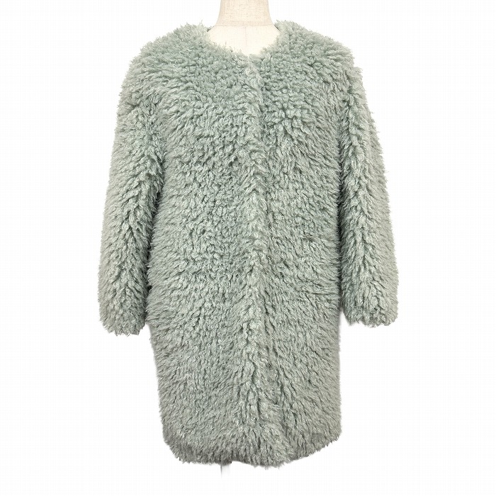 【新品】イネド INED ボアコート ノーカラー 丸首 スナップボタン留め 裏地付き 長袖 無地 ポリ100% M (9) グリーン 緑 レディース