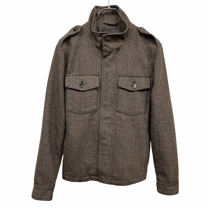 【中古】[印象A] BANANA REPUBLIC バナナリパブリック ジャケット レディース S 杢ブラウン ポリ&times;毛など ハイネック フライフロント 両胸フラップポケット 総裏地 内ポケット&times;１ ウエストの両側にポケットあり 微起毛 ヘリンボーン ドットボタン&times;ジップアップ エポレット｜Undo Rowa 店