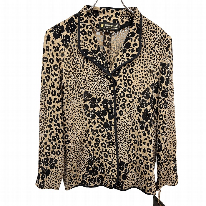 【新品】ORIGINAL GOOD ELEGANCE FOR LADIES ちりめん カットソージャケット ヒョウ柄 裏地無し ポリ100% L ブラウン 茶×黒 レディース