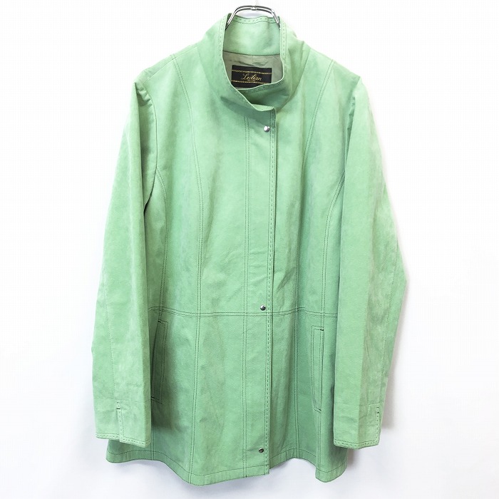 【中古】[印象AB] Leilian レリアン シャツコート レディース 緑 エクセーヌ(裏地：キュプラ100%) 無地 ドットボタン&times;ジップ留め 襟はボタン無し 袖口スリット 合皮 フェイクレザー 上半分と袖に裏地付き 長袖｜Undo Rowa 店