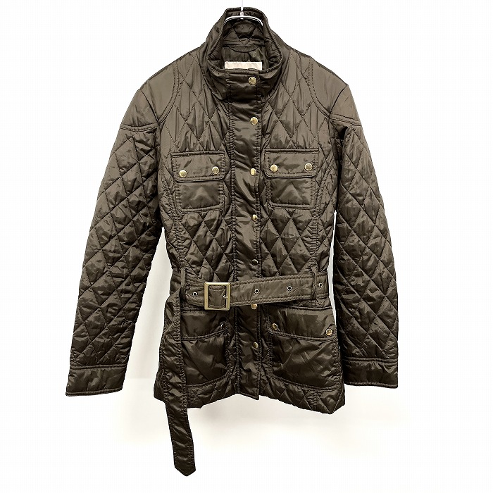 【中古】[印象AB] BANANA REPUBLIC バナナリパブリック キルティングジャケット レディース S グリーンカーキ ポリ100% 胸とウエストにポケット ベルト付き 内ポケット無し 中綿 ドットボタン&times;ジップ留め ハイネック 長袖｜Undo Rowa 店
