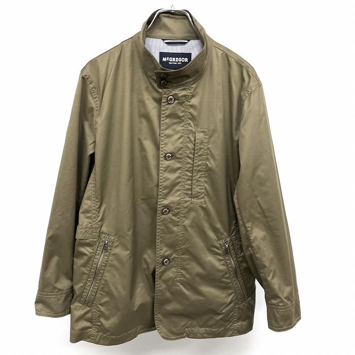 【中古】[印象AB] McGREGOR マックレガー ジャケット レディース M グリーンブラウン カーキ系 ポリ&times;綿 ハイネック カフスにボーダー柄裏地 内ポケット&times;１ ジップポケット 薄手 マイクロリブボーダー 裏地無し ボタン&times;ジップ留め 長袖｜Undo Rowa 店