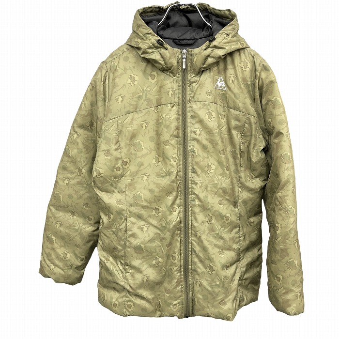 【中古】le coq sportif ダウンジャケット ジップパーカー 花柄 長袖 ポリ100%(ダウン70%＋フェザー30%) LL XL O カーキグリーン レディース
