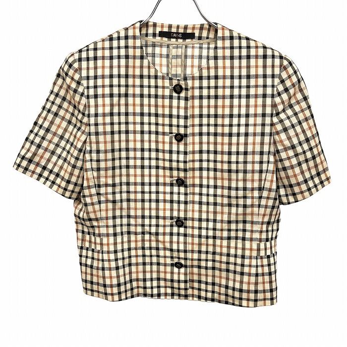 【中古】[印象A] DAKS ダックス シャツジャケット レディース M 9AR ブラウン 茶&times;黒 毛&times;ポリ&times;麻 肩パッドの厚みは約3cm チェック 厚手の肩パッド ノーカラー ボタン留め 半袖 裏地無し｜Undo Rowa 店