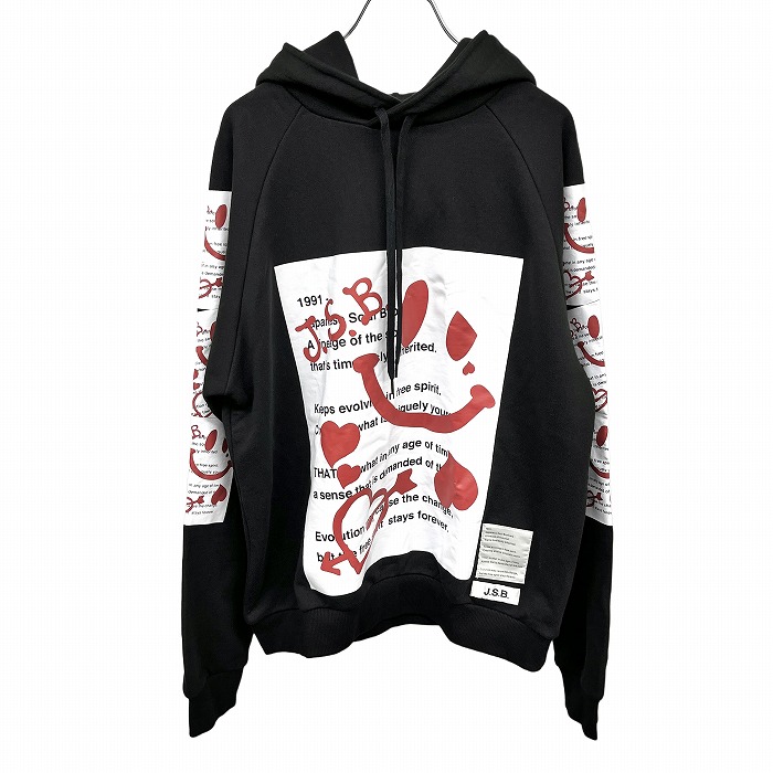 【中古】[印象A] J.S.B. Japanese Soul Brothers プルオーバーパーカー / スウェット レディース S 黒 黒&times;赤&times;白 綿100% ラグランスリーブ プリント（英字 ハート スマイル） 裏毛 長袖｜Undo Rowa 店