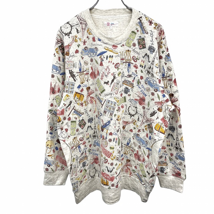 【新品】[印象N] TUNIC チュニック カットソー レディース 杢オフホワイト (グレーMIX) 白系&times;マルチカラー 綿100% ウエストの両サイドにポケットあり イラスト パリジェンヌ 長袖｜Undo Rowa 店