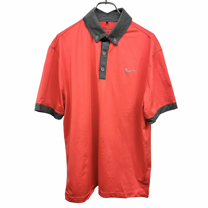 【中古】[印象A] NIKE GOLF ナイキゴルフ ポロシャツ メンズ L レッドオレンジ系 オレンジ系&times;グレー ポリエステル&times;ポリウレタン 胸にリフレクターのロゴプリント ボタンダウン 半袖｜Undo Rowa 店