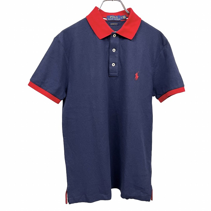 【中古】ポロラルフローレン POLO RALPH LAUREN ポロシャツ 鹿の子 刺繍 馬 半袖 ポケット無し 裾スリット 綿100% S ネイビー 紺×赤 メンズ