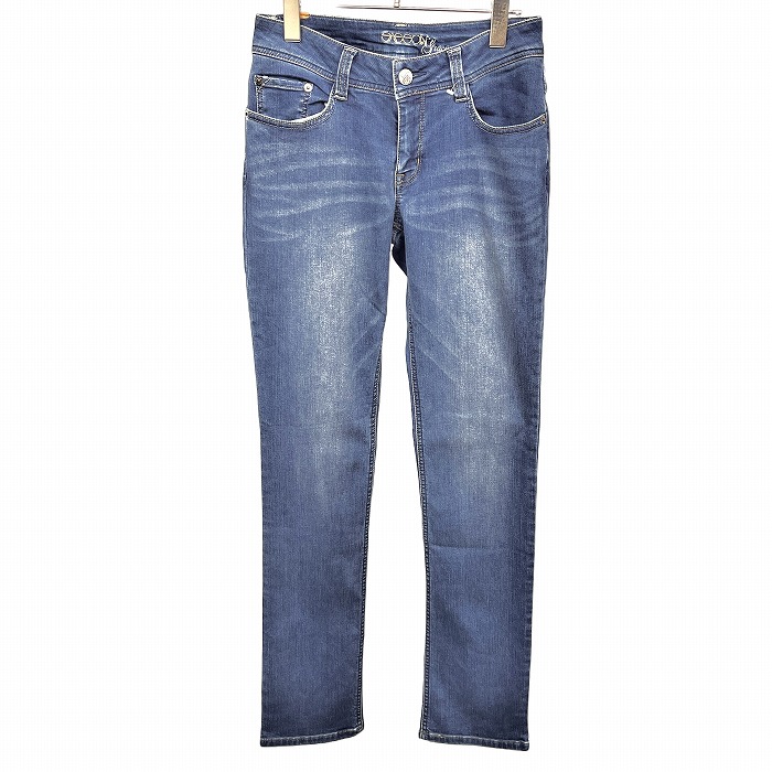 【新品】[印象N] SASSON サッソン パンツ / ジーンズ レディース L ブルー 青 綿など 牛革パッチ ジップフライ スキニー ソフトデニム 内側が微起毛 USED加工 ストレート｜Undo Rowa 店