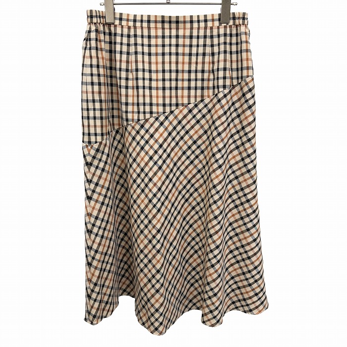 【中古】[印象A] DAKS LONDON ダックス ロンドン フレアスカート ひざ丈 レディース 73-99 ベージュ ベージュ&times;茶&times;黒 毛100% ウール100% やや薄手 チェック柄 日本製 古着 裏地付き ウエストの両サイドにゴム サイドファスナー 切り返し生地｜Undo Rowa 店