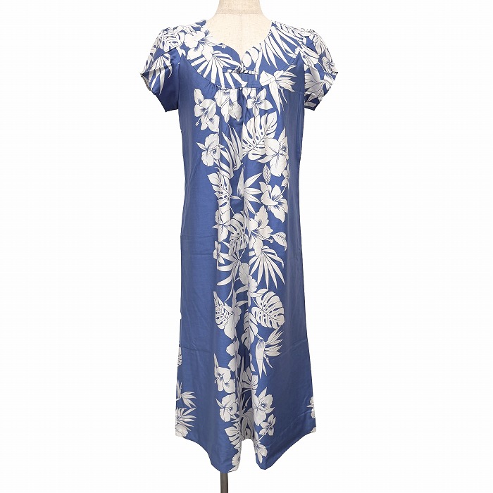【中古】SUNMARI FASHIONS HAWAII 少し薄手 ワンピース アロハ 花柄 チューリップスリーブ 裏地無し 半袖 綿100% S ブルー 青×白 レディース
