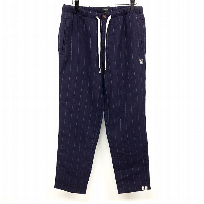【新品】PAUL SMITH ポールスミス M メンズ 微起毛 パンツ チェック柄裏地 ストライプ ウエストにゴムと紐 綿100% パープルネイビー 紺系