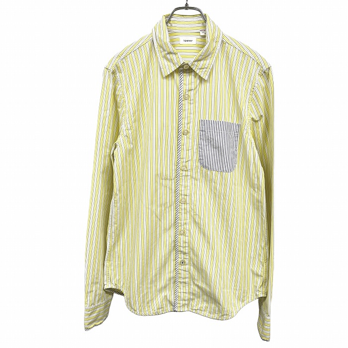 【中古】トミー TOMMY シャツ ストライプ 長袖 胸ポケット ロングスリーブ レギュラーカラー 綿100% XS SS イエロー 黄×グレー×白×青 メンズ
