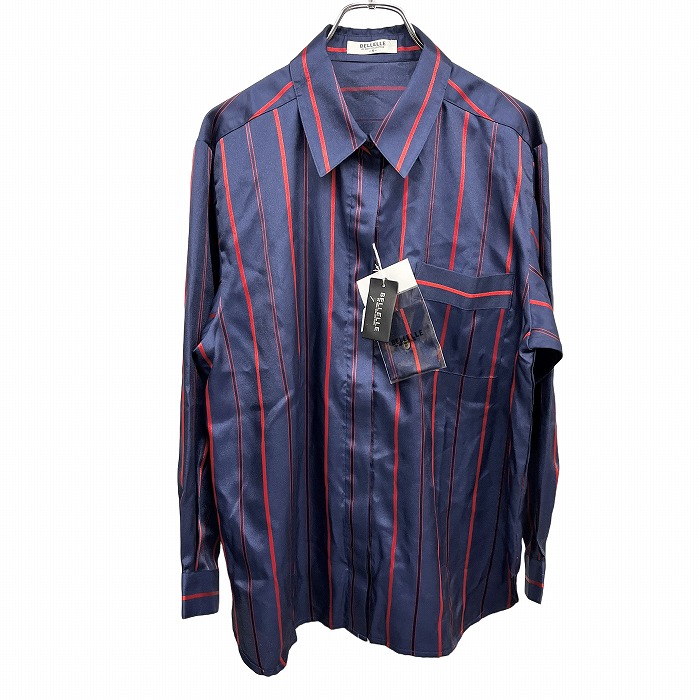 【新品】ベルエール BELLELLE シャツ ストライプ フライフロント 長袖 胸ポケット シルク×ポリ M (9号) ネイビー 紺×赤 レディース