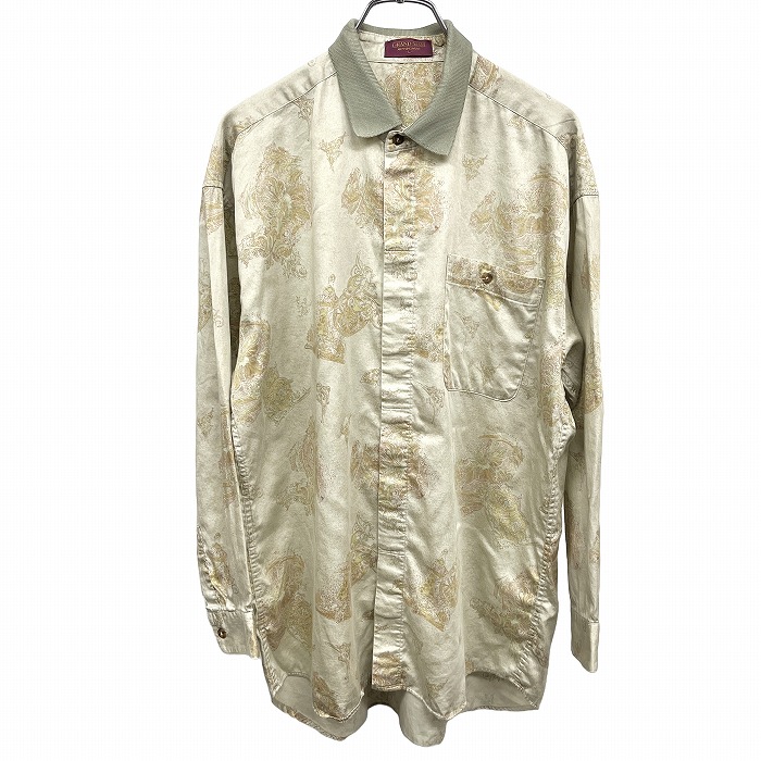 【中古】Munsingwear Grand Slam シャツ リブ襟 ダマスク 花 フライフロント 長袖 綿100% L ベージュ ベージュ系×緑×茶×グリーンカーキ メンズ