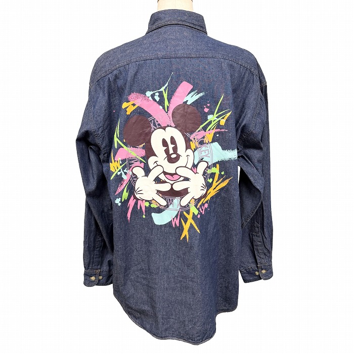 【中古】東京ディズニーランド デニムシャツ 背中プリント ミッキーマウス 長袖 綿100% L ブルー 青×ピンク×紫×緑×青×オレンジ レディース