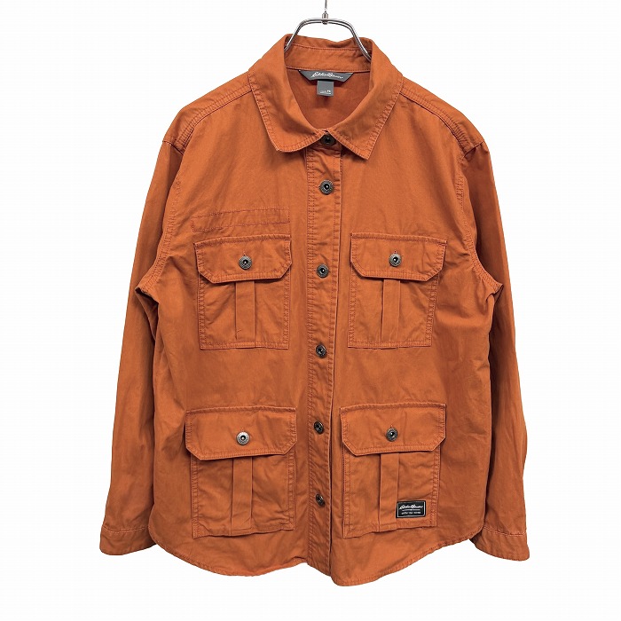 【開催中|明後日04/21(火)朝09:59まで＼ Fashion THE SALE／最大20%OFFクーポンなど配布中】【中古】エディーバウアー Eddie Bauer シャツジャケット メタルボタン 裏地無し 長袖 古着 綿100% S (PS) オレンジブラウン系 茶系 レディース