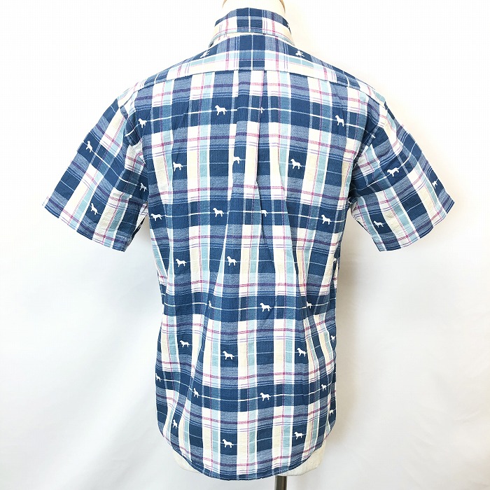 楽天市場 ブラックフライデー 100円 1 500円offクーポン配布中 中古 Jetsetter Resort ジェットセッターリゾート M メンズ シャツ チェック 犬のシルエット柄 ボタンダウン 半袖 綿100 ブルー系 青系 Undo Rowa 楽天市場店