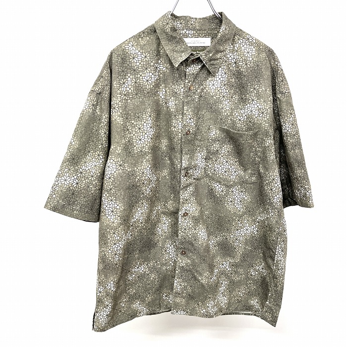 【中古】GREEN LABEL RELAXING UNITED ARROWS × Dominique Picquier グリーンレーベルリラクシング プルオーバー ボックス席撥ね除ける フレンチ向こう正面 半袖 瓦柄 衣嚢 S 緑系 メンズ カジュアルシャツ-メンズファッション-トップス
