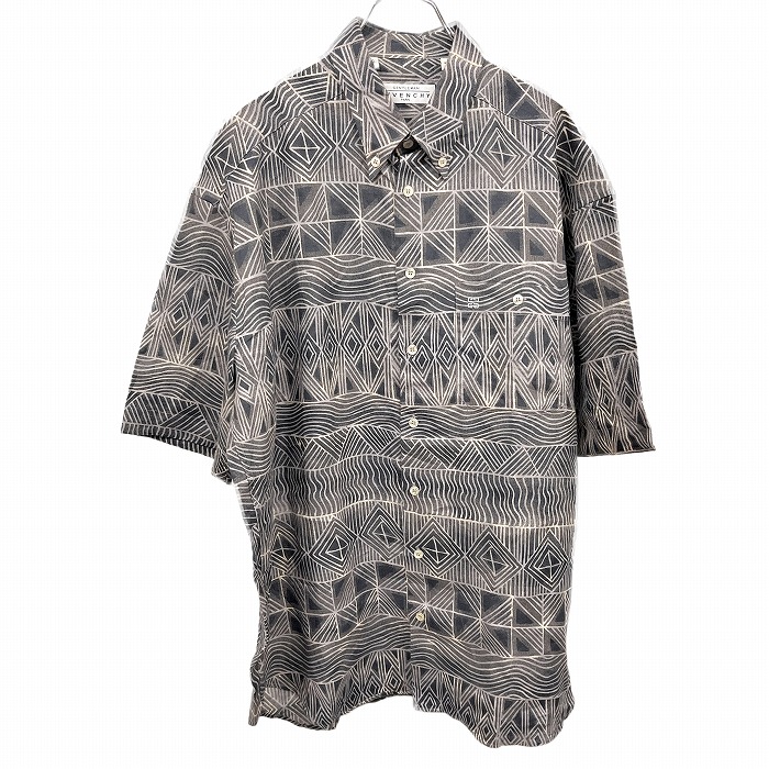 【中古】ジバンシィ GIVENCHY シャツ 総柄 幾何学柄 ボタンダウン 半袖 胸ポケット イタリア製 麻100% 43/17 ダークネイビー 濃紺 メンズ