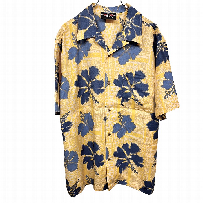 【中古】ベアー Bear アロハシャツ 開襟 花柄 フラワー 民族柄 半袖 胸ポケット ボックスカット レーヨン100% L イエロー 黄×青×グレー メンズ