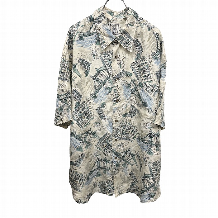 【中古】ラウンドツリーアンドヨーク 薄手 とても薄い 総柄シャツ 半袖 ポケット シルク100% LL XL オフホワイト×グレー×緑×青×黄×黒 メンズ