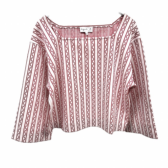 【新品】agnes b. アニエスベー ティーシャツ カットソー 伸ばすこと 遊撃手丈 広広とした捩り チェーン店縞模様 7分袖 四角いのど首 綿など 2 赤いこと レディース レディースファッション-Tシャツ・カットソー