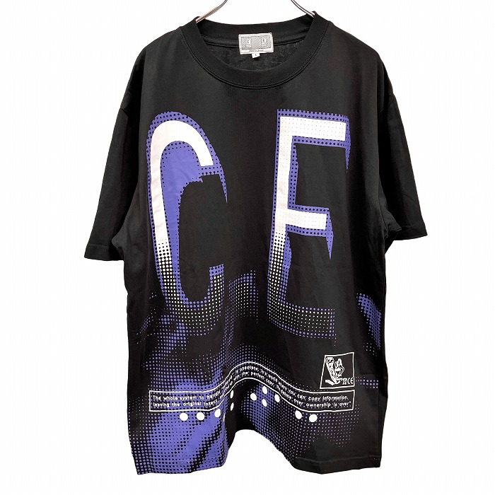 【中古】シーイー ポトラッチ C.E. Tシャツ ビッグプリント ロゴ 英字 文字 半袖 丸首 日本製 綿100% L ブラック 黒×青紫×白 メンズ
