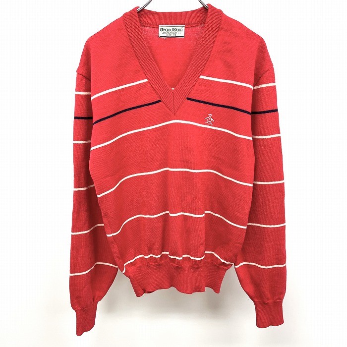 【開催予定|明日4/14日(火)20:00～4/17(金)09:59＼4月お買い物マラソン第二弾！／100円～2,000円OFFクーポン配布中】【中古】Munsingwear Grand Slam - C80～90(1) メンズ ゴルフ ニット セーター ボーダー Vネック 長袖 毛100% レッド×オフホワイト×ネイビー 赤 5,610円
