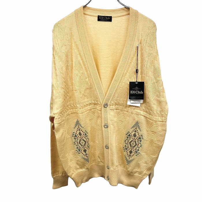 【新品】EX-Club イーエクスクラブ 編み物 ジレー 日本製 有線テレビ 民族柄 長袖 絨毛100% L 皮膚軟化剤黄み 黄系×茶系×緑系 メンズ トップス-ニット・セーター