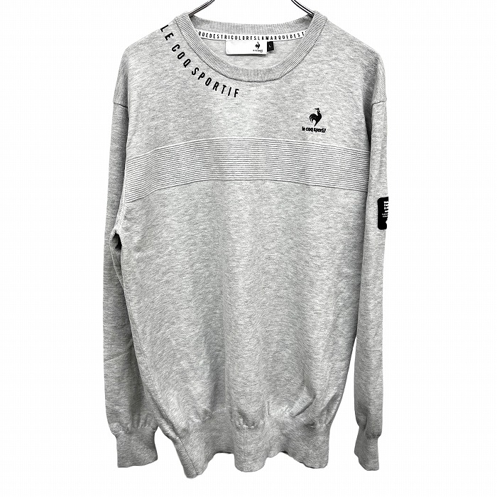 【中古】le coq sportif ニットTシャツ セーター ロゴ刺繍 胸にリブボーダー 長袖 セルロース×ポリなど L ヘザーグレー 杢グレー×黒 メンズ