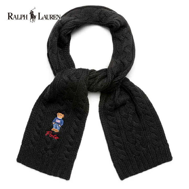 ポロラルフローレン ポロベアー スカーフ マフラー POLO RALPH LAUREN Bear Scarf ワンポイント刺繍ロゴ ウール混 ブラック|アンシャンブル 店