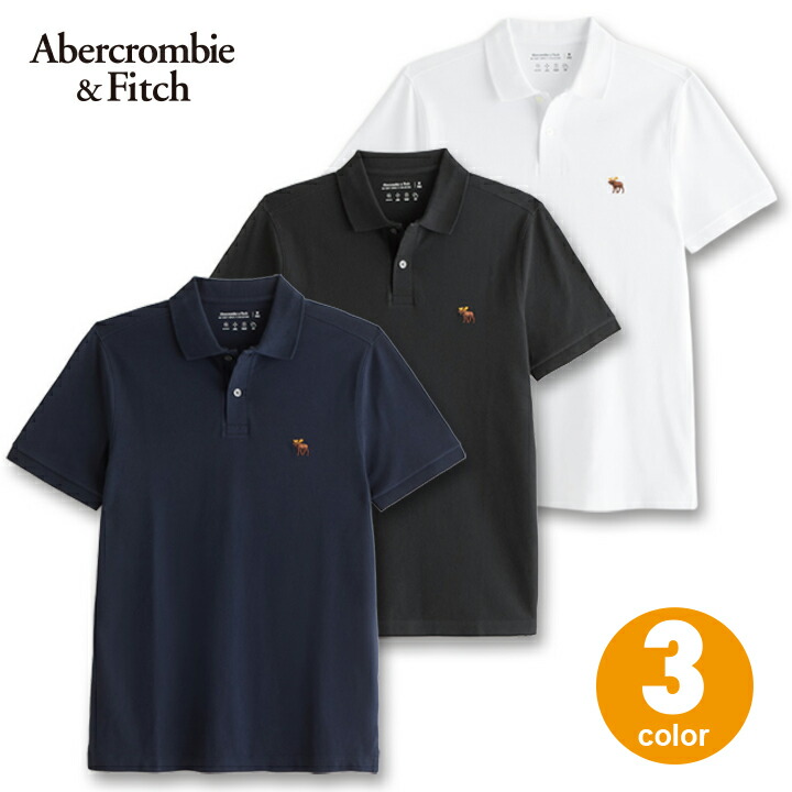 アバクロンビー＆フィッチ メンズ ストレッチピケ半袖ポロシャツ Abercrombie&Fitch Stretch Icon Polo マルチカラームースロゴ ワンポイント刺繍ロゴ 鹿の子 3カラー：ホワイト、ブラック、ダークネイビー｜アンシャンブル　店