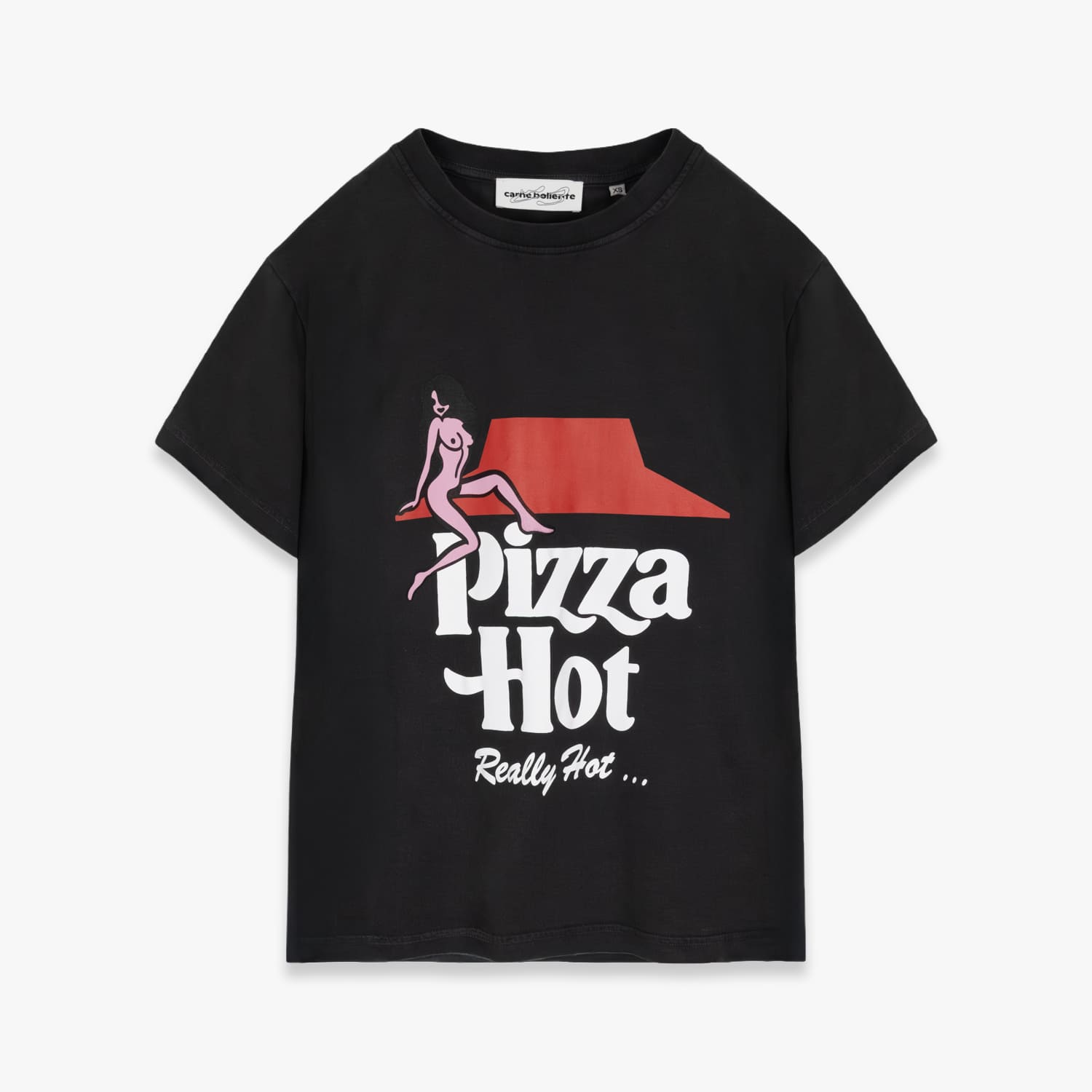 CARNE BOLLENTE | PIZZA HOT (BLACK) Tシャツ カットソー ロゴ グラフィック ピザ パロディ プリント トップス メンズ ブラック｜UNEEK BASEMNT