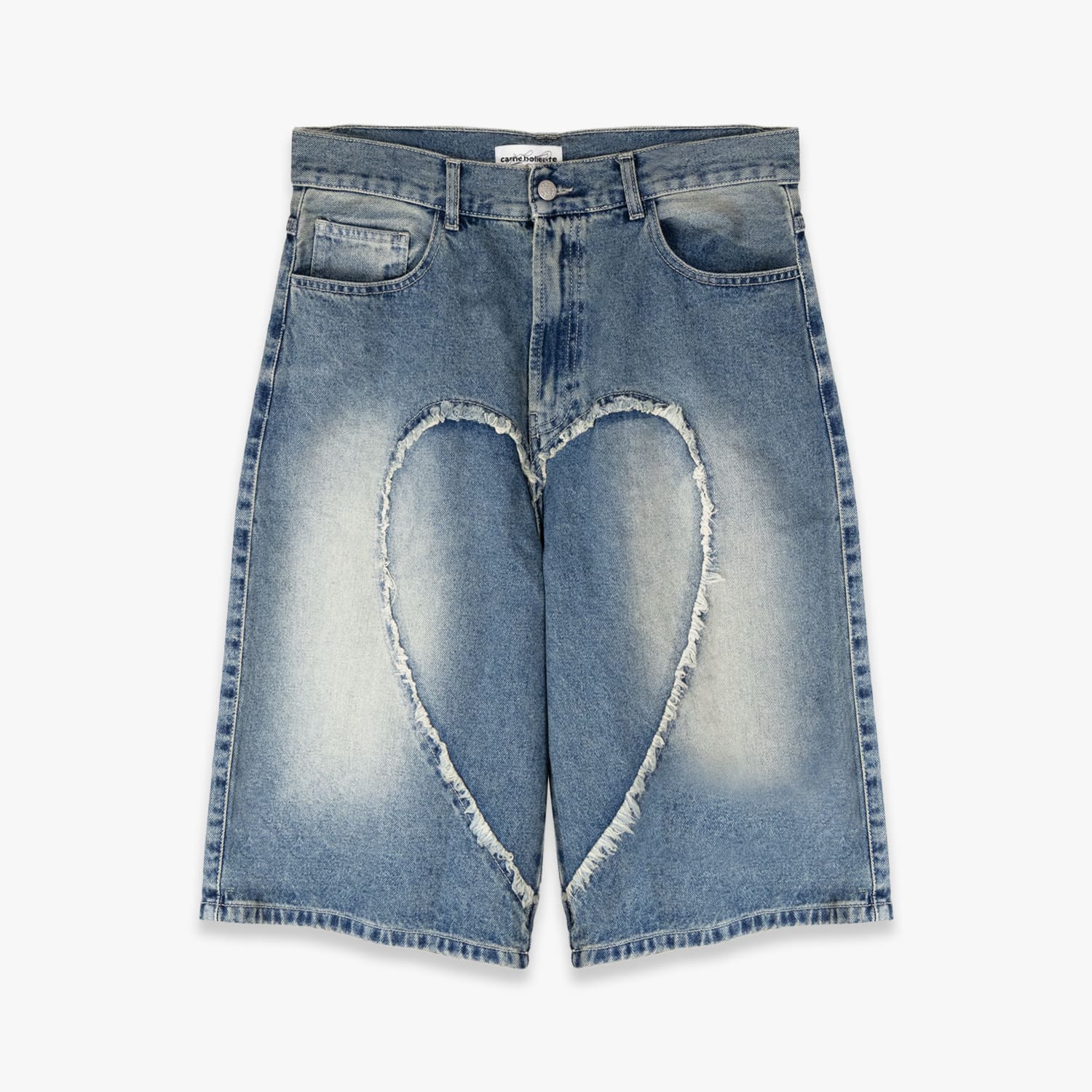CARNE BOLLENTE | LOVE SHORTS (OFF BLUE) デニムショーツ デニムハーフパンツ ショートパンツ ハート ボトムス メンズ ブルー