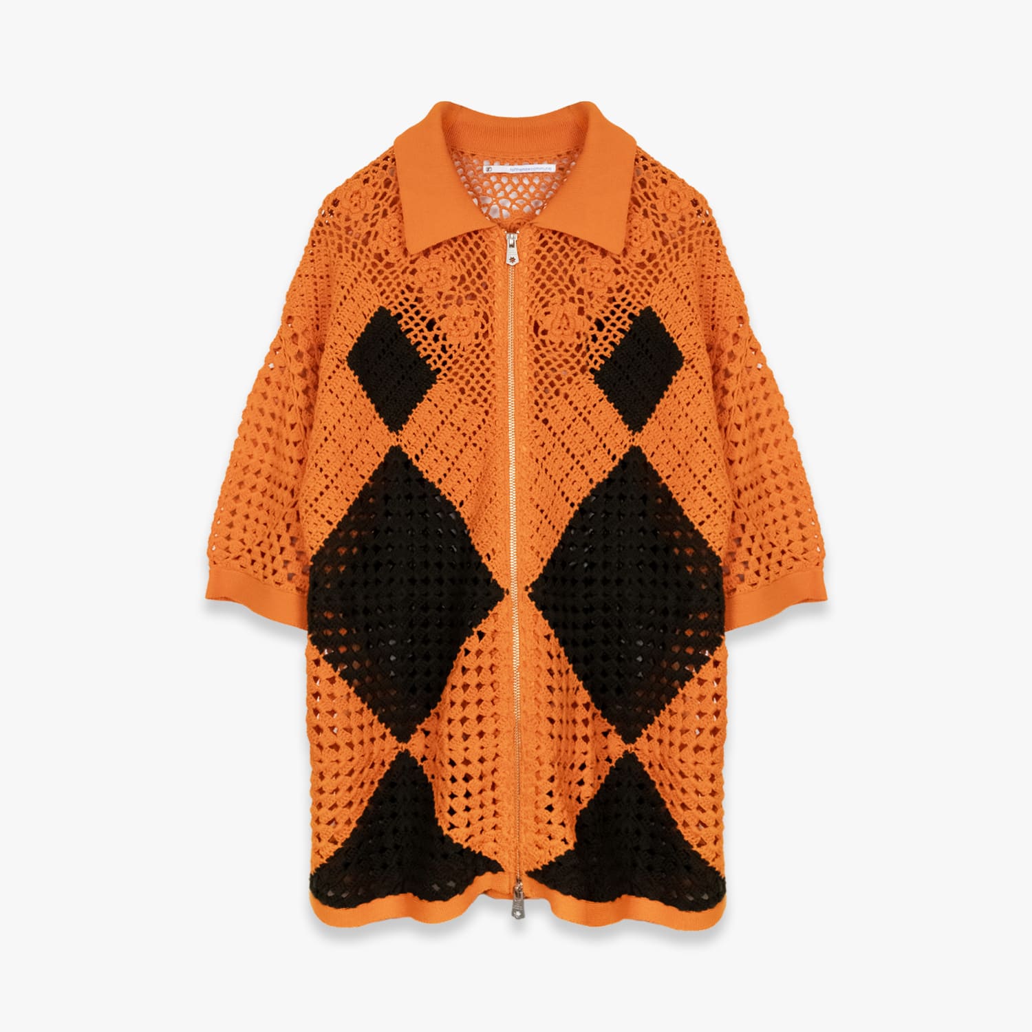 FAKE AS FLOWERS / FAF | CROCHET SHIRTS (ORANGE) ジップアップシャツ クロシェニット アーガイル 羽織り 春夏 トップス メンズ オレンジ｜UNEEK BASEMNT