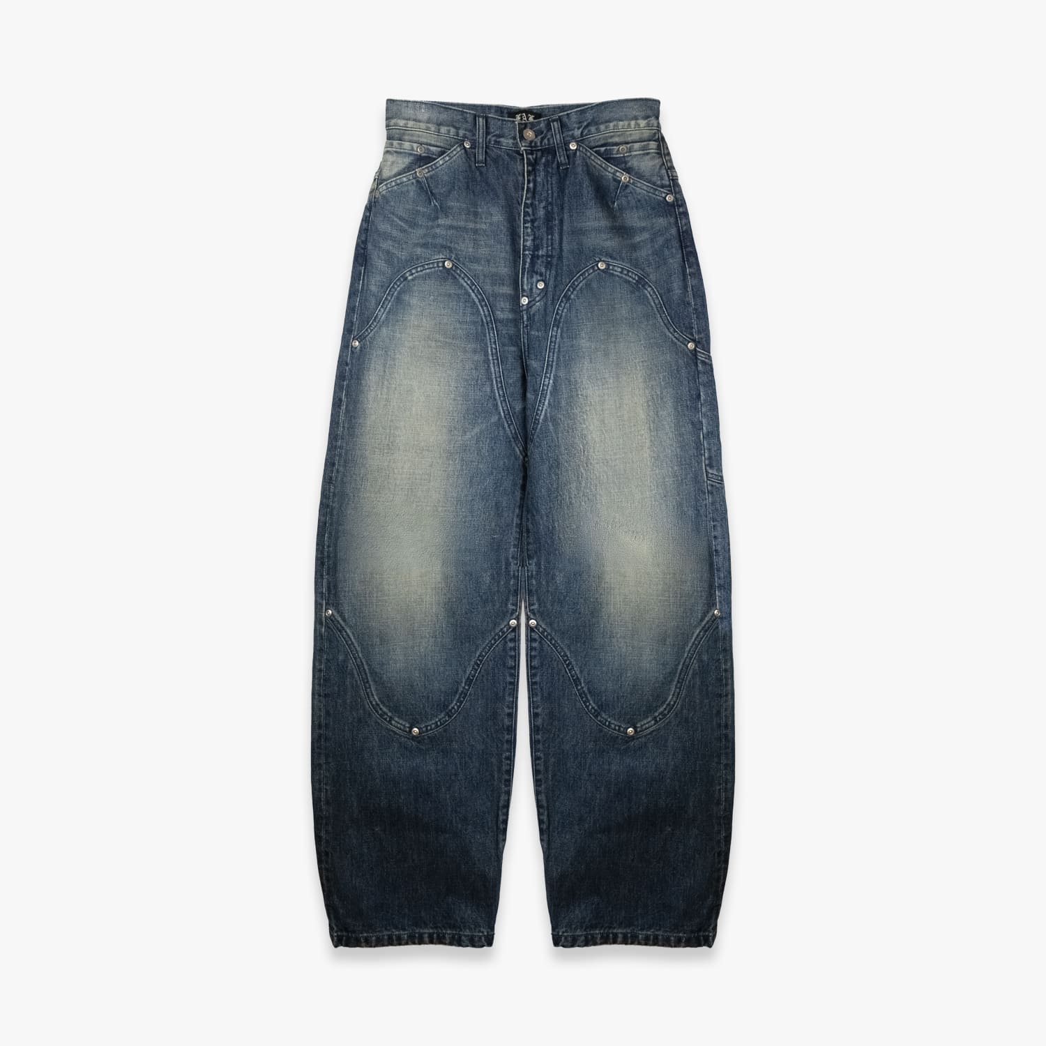 FAKE AS FLOWERS FAF | NEWCOMMUNE BAGGY DENIM PANTS (INDIGO) バギーデニム バギージーンズ ワイドデニム ダブルニー ダメージ ボトムス メンズ インディゴ