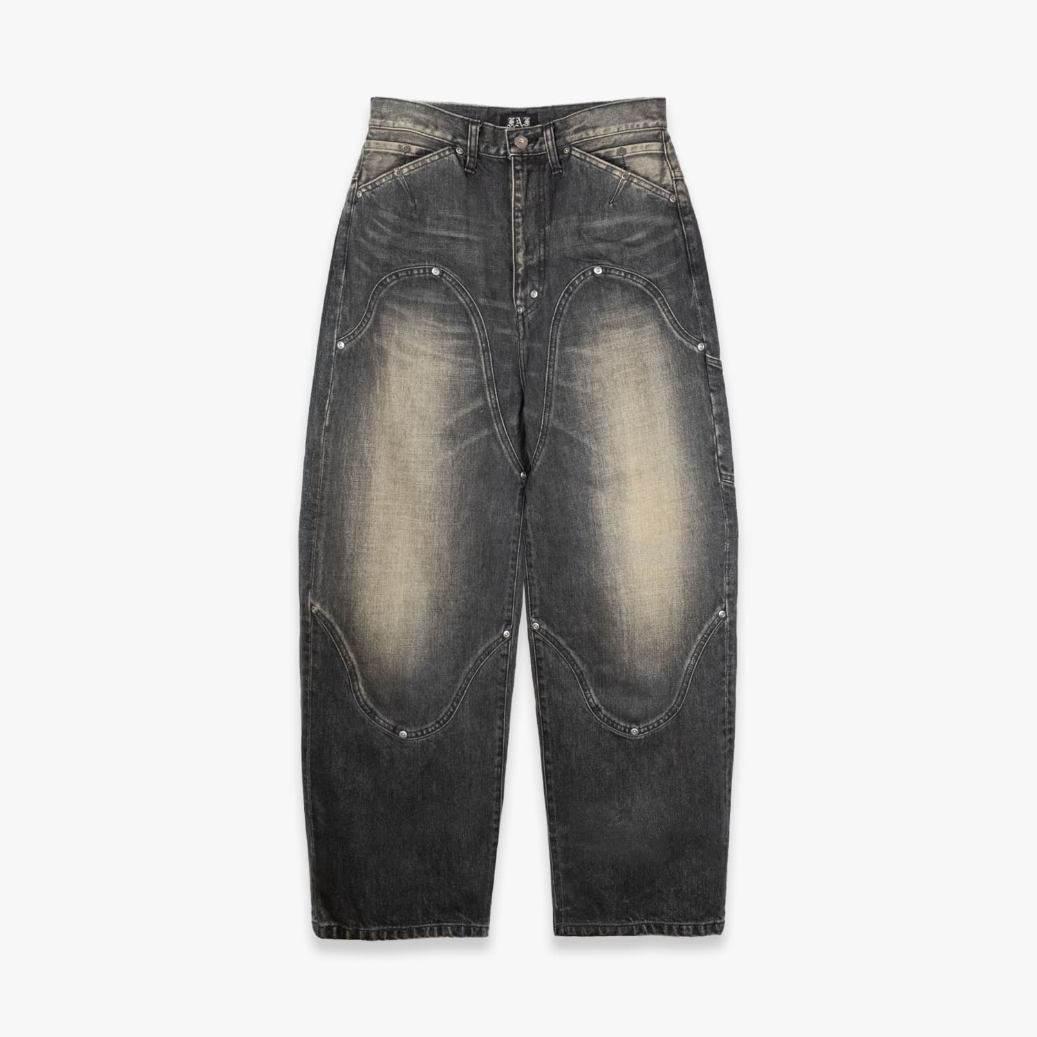 FAKE AS FLOWERS FAF | NEWCOMMUNE BAGGY DENIM PANTS (BLACK) バギーデニム バギージーンズ ワイドデニム ダブルニー ボトムス メンズ ブラック｜UNEEK BASEMNT