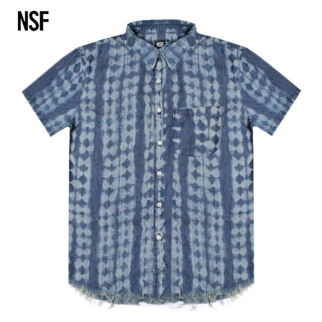 NSF CLOTHING (エヌエスエフ) KEN TIE DYE PRINT CHAMBRAY S S WOVEN SHIRT (COPPER) [半袖 シャンブレー ティーシャツ 名取り草 ブリーチ メンズ レディース ユニ一発やる] [インディゴ 青色] COPPER