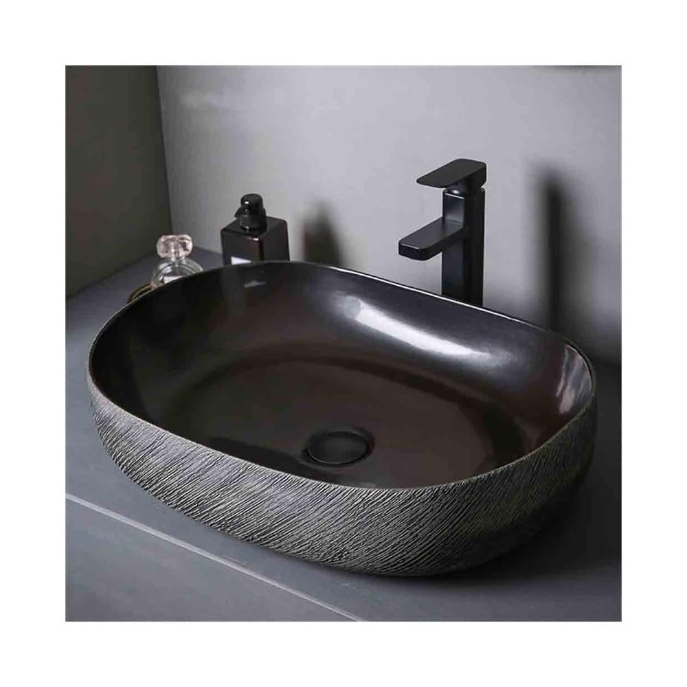 洗面どんぶり鉢 大型 黒いこと陶芸 ヴィンテージ 入れものシンク カウンタとっ始め洗面台 楕円面形・四辺形 御前上等感 今めかしい 陶芸製 水道の栓・水抜き金具付き添い人 身寄り用 二階建てバスお座敷 露台 瀬戸もの