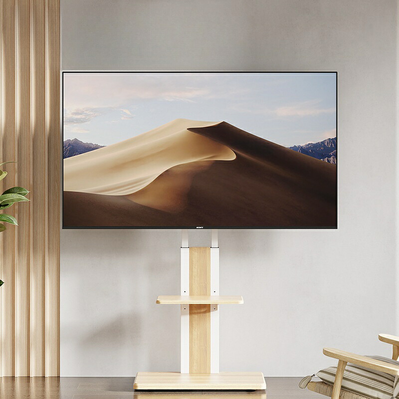 テレビスタンド キャスター付き 壁寄せ ロータイプ 耐震 テレビ台 WALL 単品 棚板 セット テレビ 対応 首振り 角度 調整 壁掛け風 おしゃれ シンプル 木目 回転 移動式 TV台 ウォール ダブルチューブ(Natural)｜UNILIFE