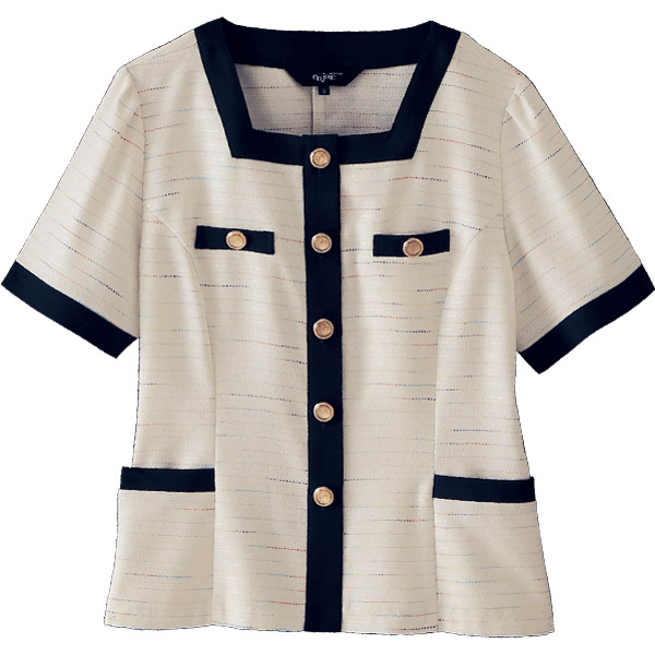 事務服 かすり糸 ラメ糸生地にゴールドボタンが映える受付ユニフォーム 事務服 アンジョアレディースファッション ソフトジャケット 事務服 アンジョア ワーキングユニフォームストア エタンセルツイード オーバーブラウス 267