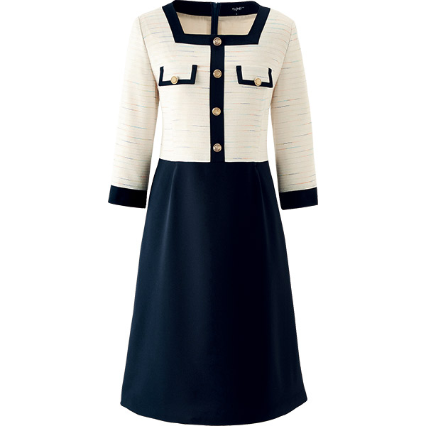 かすり糸 ラメ糸生地にゴールドボタンが映える受付ワンピース エタンセルツイード 受付ユニフォーム ワンピース 受付ユニフォーム ホテル 七分袖ワンピース 667 アンジョアレディースファッション アンジョア ワーキングユニフォームストア