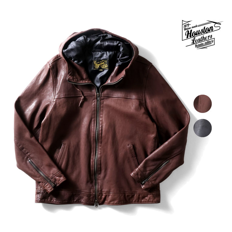 HOUSTON / ヒューストン 8227 LEATHER HOODIE JACKET / レザーフードジャケット -全2色- 革ジャン アメカジ ミリタリー MILITARY メンズ 大きいサイズ パーカー PARKA[8227]