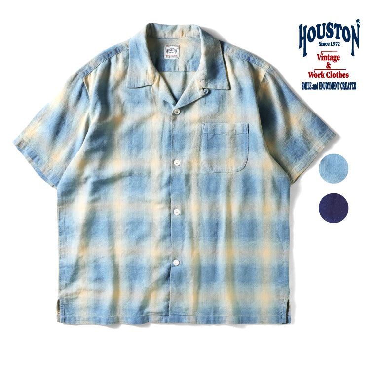 HOUSTON / ヒューストン 41273 INDIGO HB OMBRE CHECK S/S SHIRT / インディゴヘリンボーンオンブレーチェック半袖シャツ -全2色- メンズ MILITARY アメカジ ビンテージ 大きいサイズ[41273]