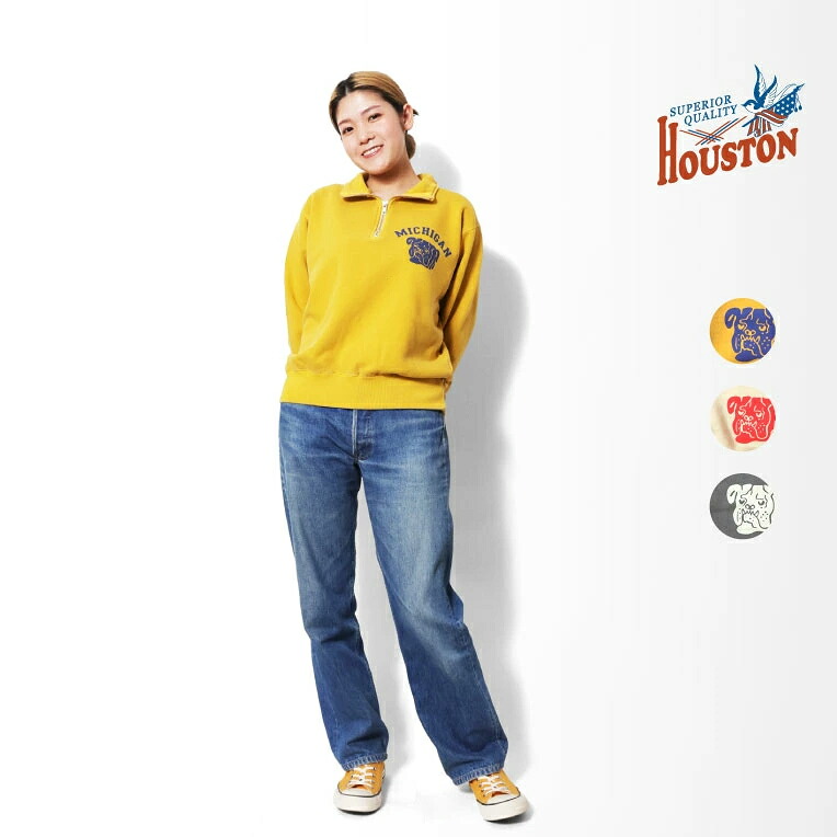 HOUSTON woman / ヒューストン ウーマン 2031W PIGMENT PRINT HALF ZIP SWEAT (MICHIGAN) / ピグメントプリントハーフジップスウェット -全3色- レディース トレーナー 犬 ブルドッグ カレッジ風 加工 ミリタリー アメカジ ヴィンテージ [2031W]｜HOUSTON店 7,546円