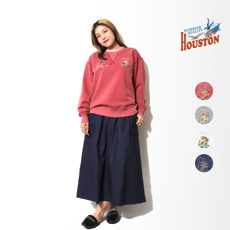HOUSTON woman / ヒューストン ウーマン 2033W PIGMENT EMBROIDERY SWEAT (TIGER) / ピグメント刺繍スウェット -全4色- レディース トレーナー スカジャン ワンポイント ミリタリー アメカジ ヴィンテージ [2033W]｜HOUSTON店